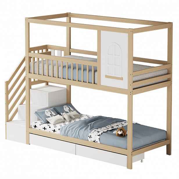 Redom PALANDA 90/200 cm s domkovým designem, bezpečnostním zábradlím a úložnými zásuvkami, Přírodní dřevo