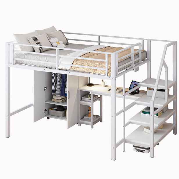 STILVORA HOCHBETT 140/200 cm in Weiß mit Kleiderschrank, Regalen, Ablageleiter und Schreibtisch