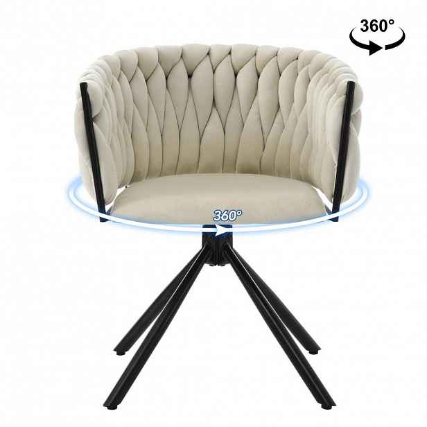 OKWISH JÍDELNÍ židle 360° otočná béžová ze sametu s kovovou podnoží a ergonomickým opěradlem