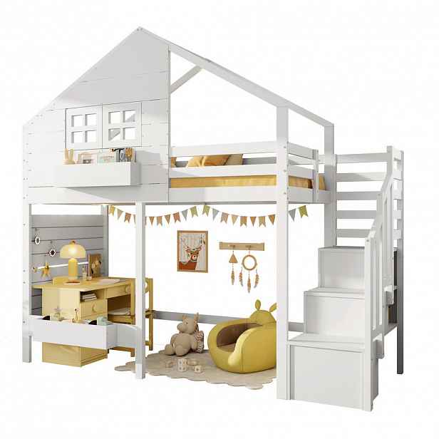STILVORA ETAGENBETT 90/200 cm in Weiß Kinderbett mit Stauraumtreppe, Regal und Fenster Massivholz Hausdesign
