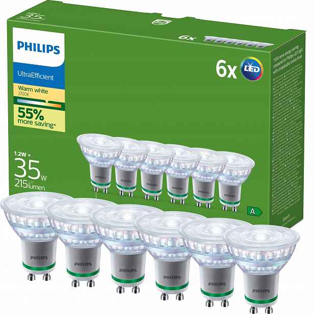 Led žárovka GU10 Philips 1.2W 35W 179lm/W 2700K Teplá 36° Třída A 6 ks