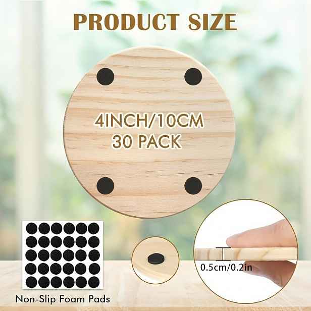 TEMU 10ks 8cm/3.15inch Kulaté Dřevěné Podtácky s Protiskluzovým Silikonovým Dnem - Ideální Řemesla, Malování & Gravírování - Ideální Doplňky pro
