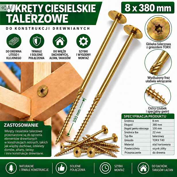 Tesařské vruty konstrukční na dřevo Pgb 8x380 mm TX40 50 ks