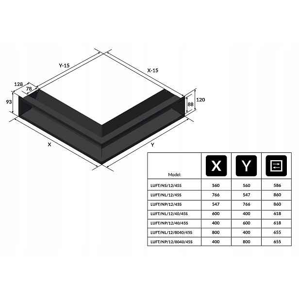 Ventilační mřížka do krbu Luft rohová pravá 40x60x12 černá