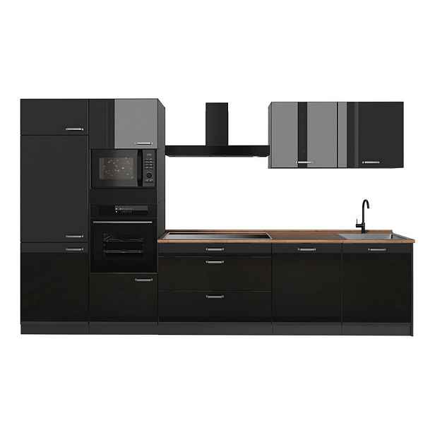 Vicco KUCHYŇSKÝ KOUT R-Line, Černý vysoký lesk/Antracit, 340 cm pracovná doska Dub Goldkraft