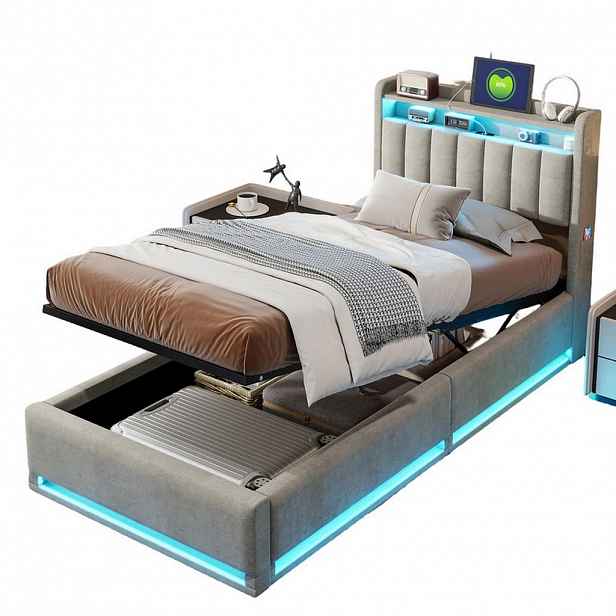 SHOPENTRA ČALOUNĚNÁ postel 90x200 cm šedý samet s USB úložným prostorem