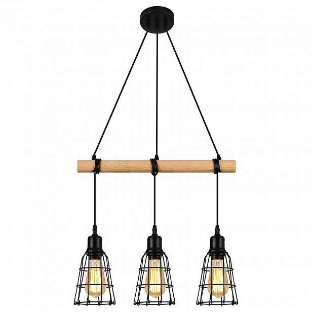 Závěsná lampa 3-bodová vintage dřevěná černá mřížka E27 do obývacího pokoje
