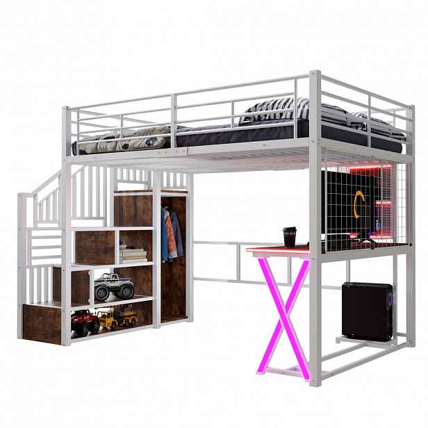 STILVORA HOCHBETT 140/200 cm in Weiß mit LED, Ablageleiter, Schreibtisch und Kleiderschrank