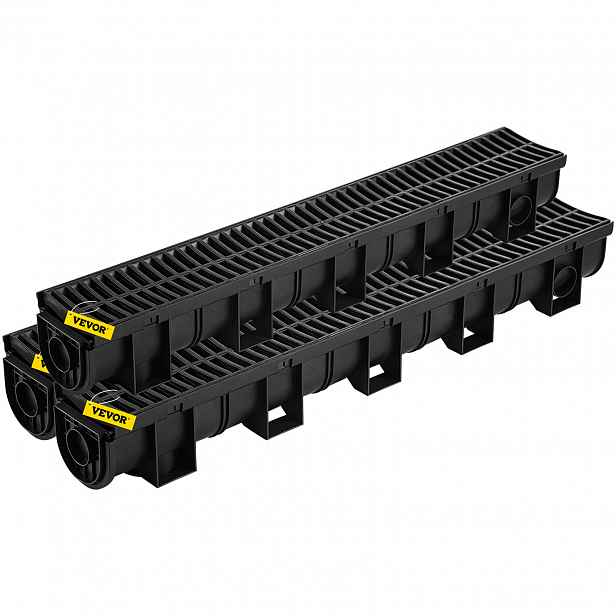 TEMU VEVOR Trench Drain System, 5.8x5.2x39.4-palcový HDPE odtokový příkop, kanalizační odtok s plastovou mřížkou, černý plastový odtok na podlahu