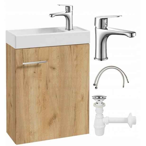 Koupelnová skříňka s umyvadlem 50x70 závěsná dub craft s baterií a sifonem