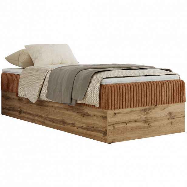 MKS KONTINENTÁLNÍ POSTEL WOOD ZERO 90/200 - Oranžová Manšestr - H3