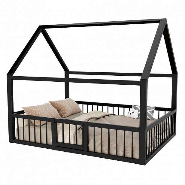 Redom DĚTSKÁ postel 140/200 cm z kovu se stříškovým designem a bezpečnostním zábradlím, Černá