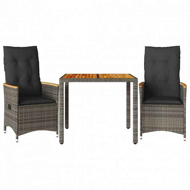 vidaXL 3dílný bistro set s poduškami šedý polyratan