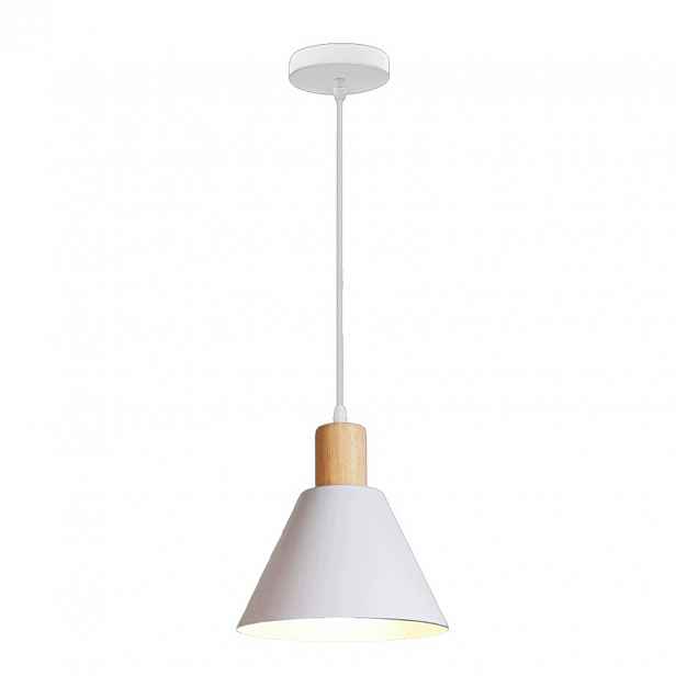 Moderní bílé závěsné svítidlo v severském stylu s dřevěným detailem, minimalistická závěsná lampa