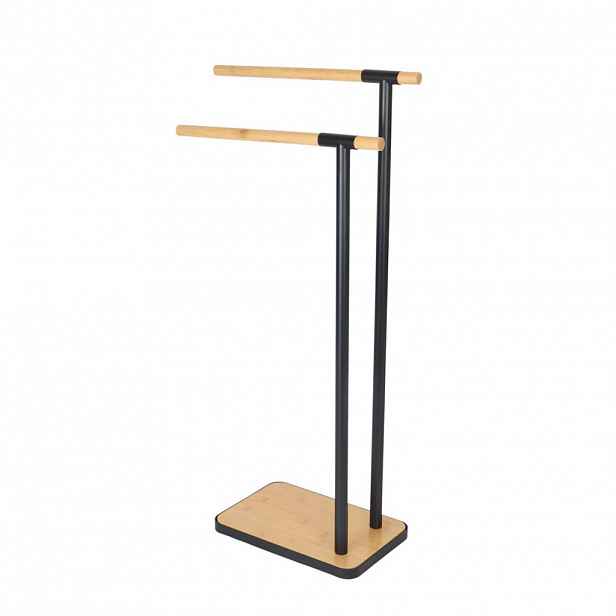 Relaxdays DRŽÁK NA RUČNÍKY Černá Přírodní ocel bambus stojací 2-tyčový 81 cm