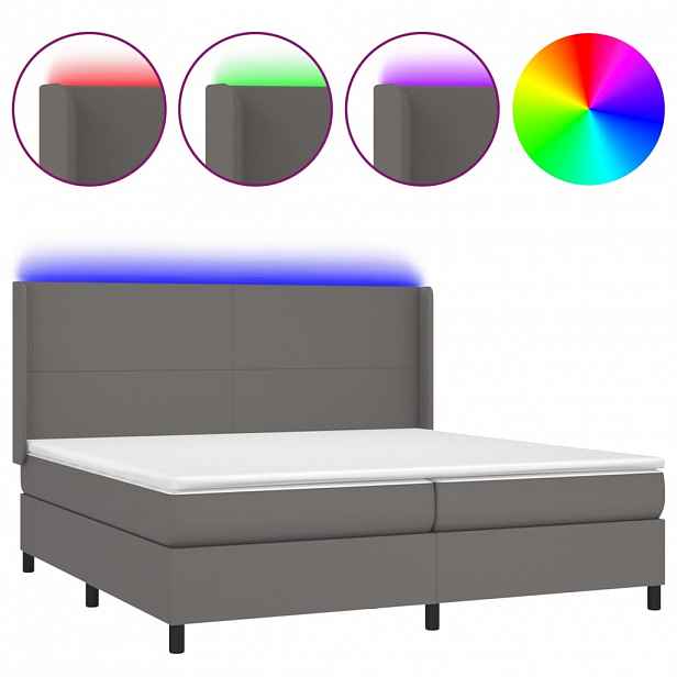 vidaXL Box spring postel s matrací a LED šedá 200x200 cm umělá kůže