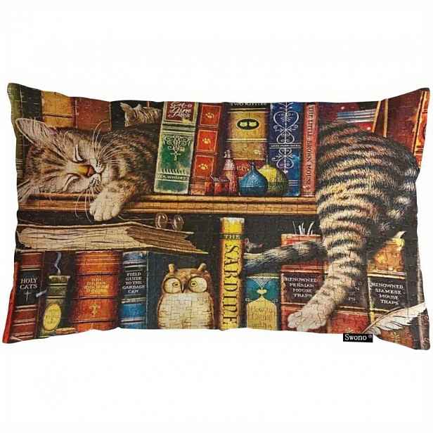 TEMU Povlak na polštář Vintage Cat on Bookshelf, ručně pradlený lněný dekorativní případ s zipem pro různé pokojů, 1 kus obdélníkového povlaku na