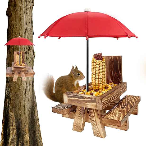 Dřevěný Stolek Pro Veverky, Krmítko Se Slunečníkem, Balkon, Terasa