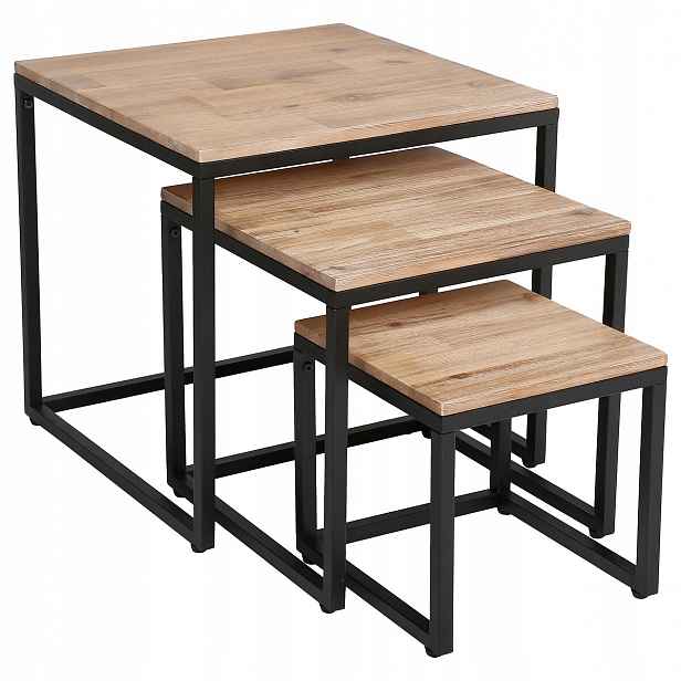 Kávový Stolek Loft Do Obývacího Pokoje Černý, Sada 3 Stolků Moderní, Kovový