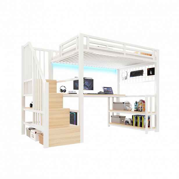 STILVORA HOCHBETT 90/200 cm in Weiß mit Regal, Schreibtisch, LED und USB/Type-C