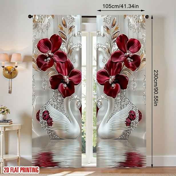 TEMU 2D ploché závěsy - Sada 2 elegantních závěsů s moderním květinovým a labutím designem, ideální do různých pokojů včetně ložnice, koupelny,