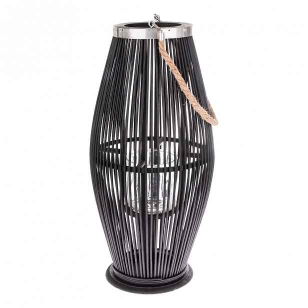 Černá skleněná lucerna s bambusovou konstrukcí Dakls, výška 59 cm