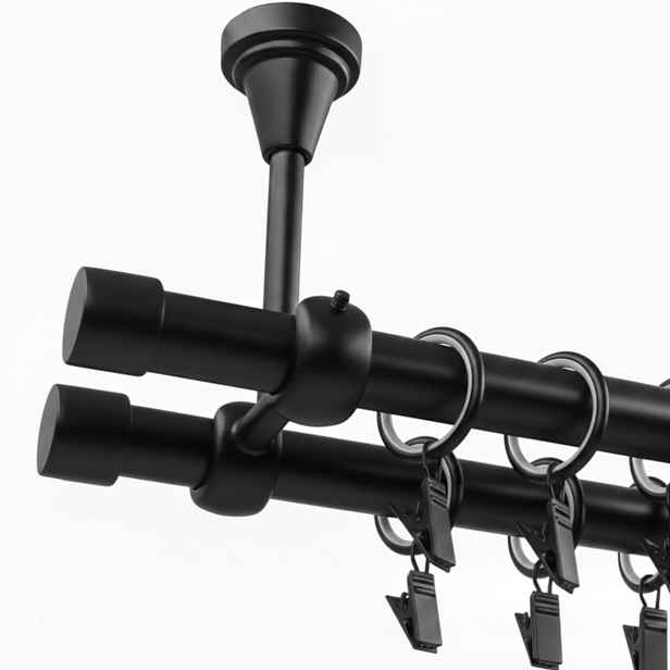 Garnýž Stropní Dvojitý Černý Matný Kovový 19 MM 140 CM Kolečka
