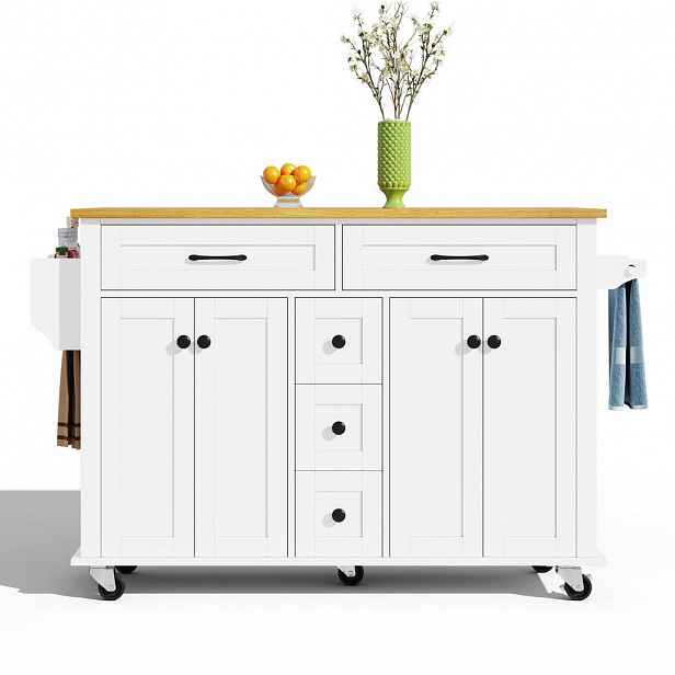 OKWISH KUCHYŇSKÝ vozík 140/40(65)/89 cm bílá a přírodní z MDF s výklopnou pracovní deskou a úložným prostorem