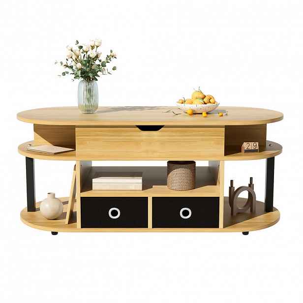 Redom KONFERENČNÍ stolek 105/50/45-60 cm s výklopnou deskou a úložným prostorem, černé látkové zásuvky, Černá/Dřevěná