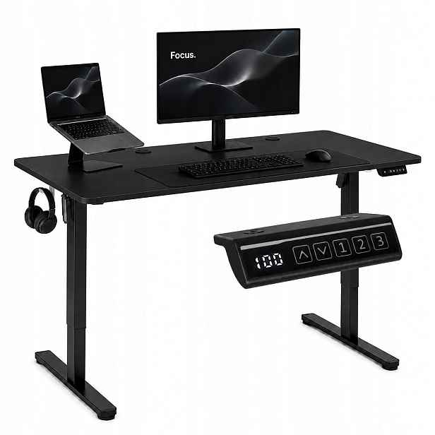Elektrický psací stůl 140 x 60 cm, nastavitelná výška 72-118 cm, černý