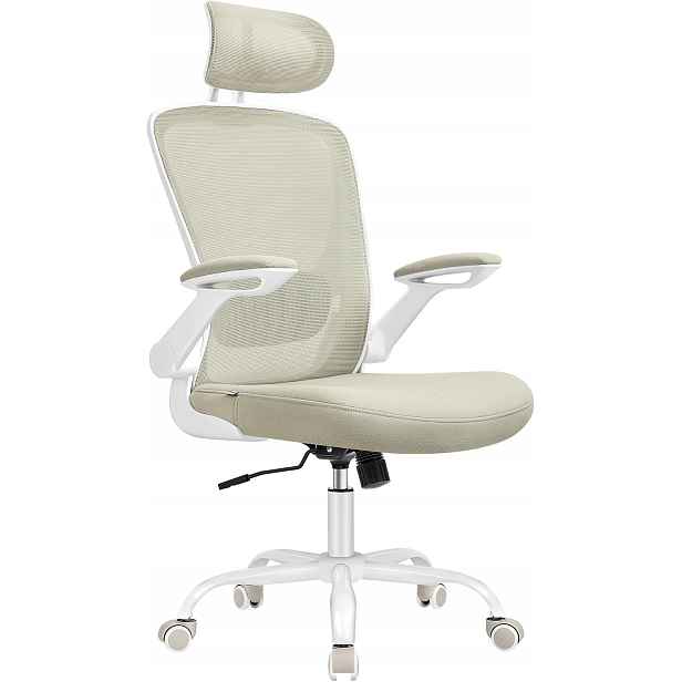 Kancelářská síťovaná ergonomická židle s nastavitelnou bederní opěrkou a opěrkou hlavy, béžová