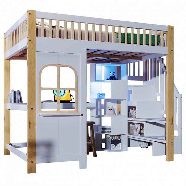 STILVORA HOCHBETT 140/200 cm in Weiß & Natur mit LED, Ablageleiter und Schreibtisch