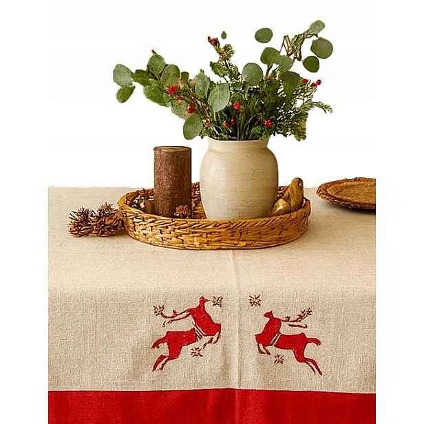 Vánoční ubrus 140x300 béžový, červený, vánoční stromek, sobík, Odolný Proti Skvrnám