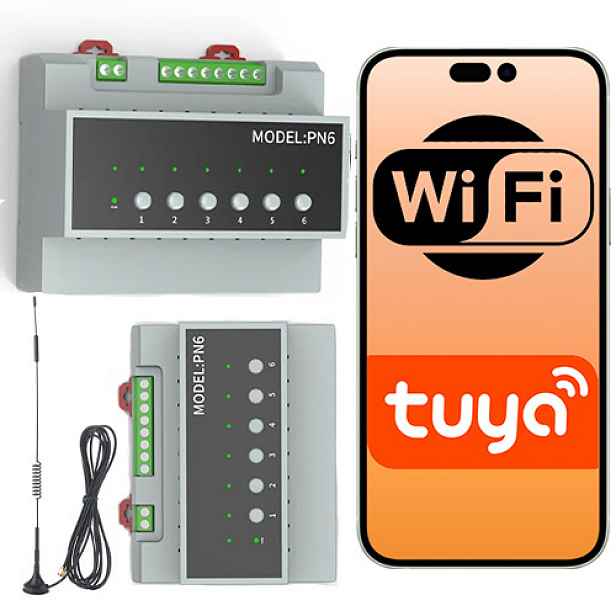 6-kanálový Wi-Fi relé s anténou na Din lištu (in/out)