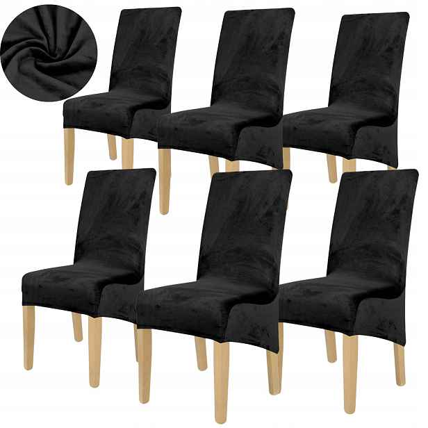 6 Ks Potah Na Židli XL Šikmý Černý Elastický Velur Univerzální
