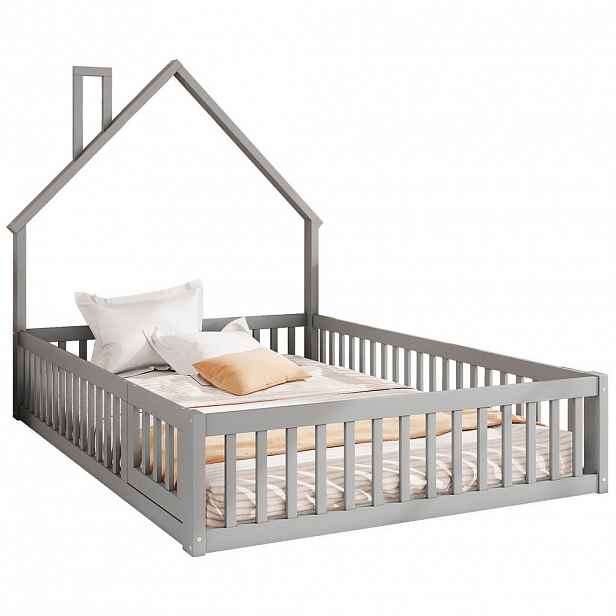 Redom POSTEL 140/200 cm s designem komínu a bezpečnostním zábradlím, borovicové dřevo a MDF, Šedá