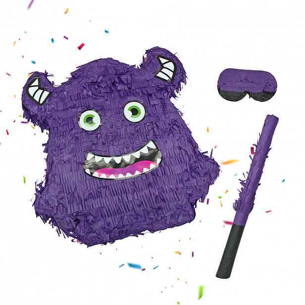 Relaxdays PIŇATA Fialová 3-dílná sada monstrum s maskou a holí