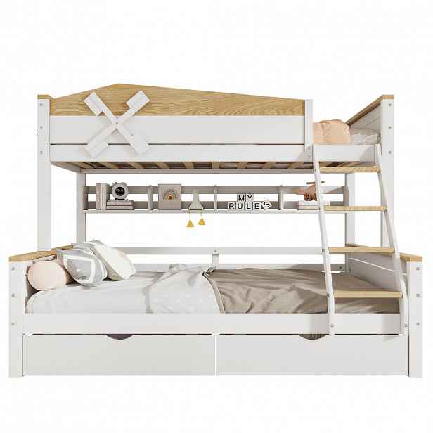 STILVORA ETAGENBETT 90/200 cm & 140/200 cm in Weiß & Natur mit Regalen, 2 Schubladen und Schrägleiter