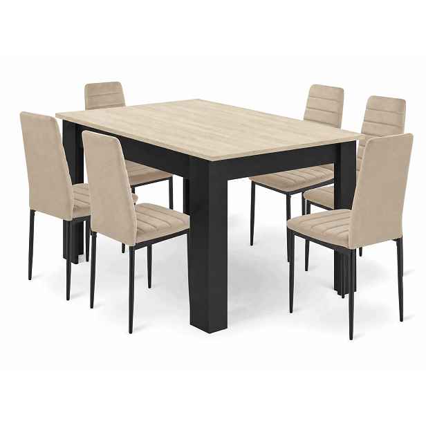 Jídelní stůl 120x80 cm, dekor dub sonoma s černými nohami 6 béžových sametových židlí Axell