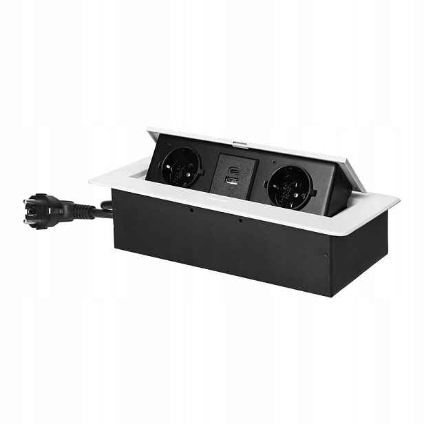 Zásuvka zapuštěná do pracovní desky, 1,5 m, 2x2P+Z (Schuko), 2xUSB, bílá