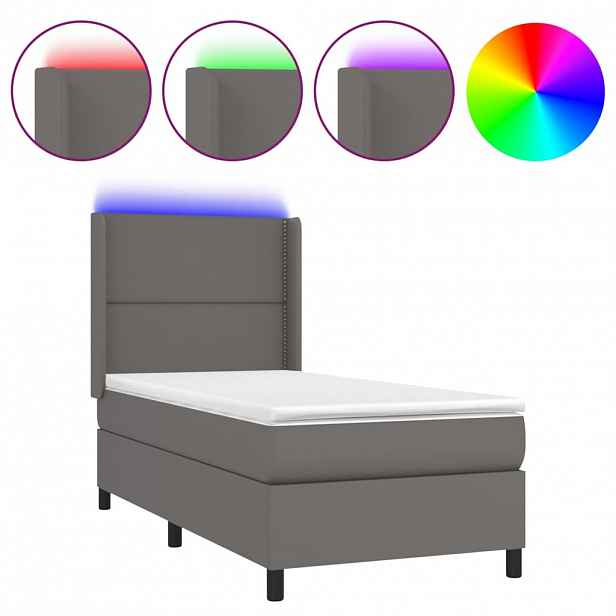 vidaXL Box spring postel s matrací a LED šedá 100x200 cm umělá kůže