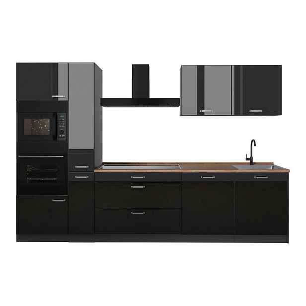 Vicco KUCHYŇSKÝ KOUT R-Line, Černý vysoký lesk/Antracit, 310 cm pracovná doska Dub Goldkraft