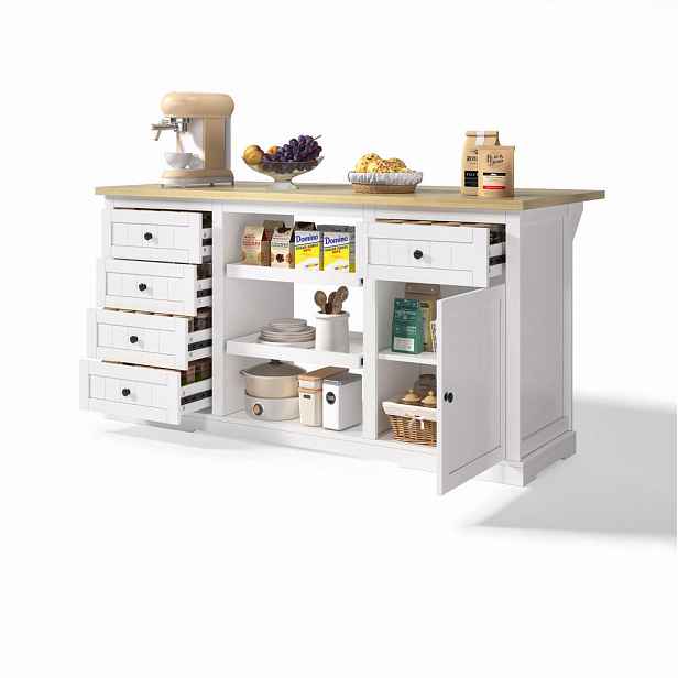 OKWISH KUCHYŇSKÝ ostrůvek 150/65/75,5 cm bílá a přírodní z MDF s výklopnou deskou a zásuvkami