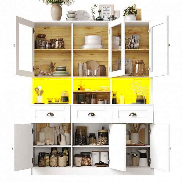OKWISH KUCHYŇSKÁ skříň 140/40/175 cm bílá z MDF s LED osvětlením a nastavitelnými policemi