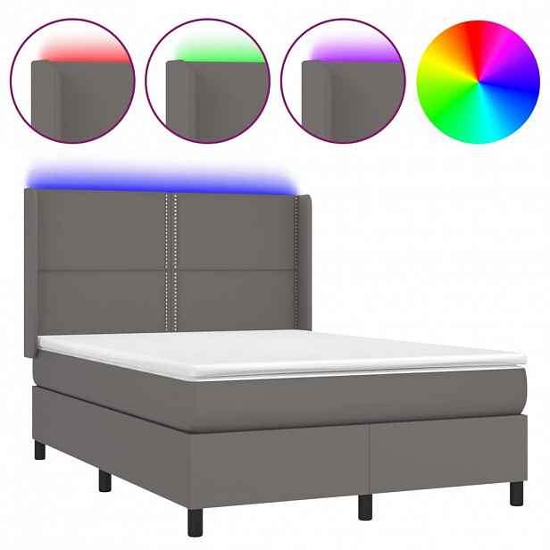 vidaXL Box spring postel s matrací a LED šedá 140x200 cm umělá kůže