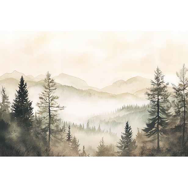 Fototapeta Flizelina Akvarel Krajina Hory Les Stromy Mlha 208x146 130g