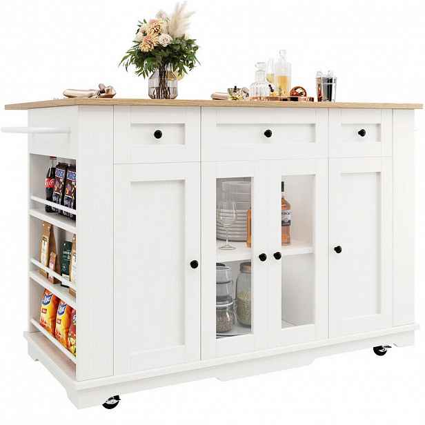 OKWISH KUCHYŇSKÝ ostrůvek 151,5/85/91,7 cm bílý a přírodní z MDF, kovu a skla s rozkládací deskou