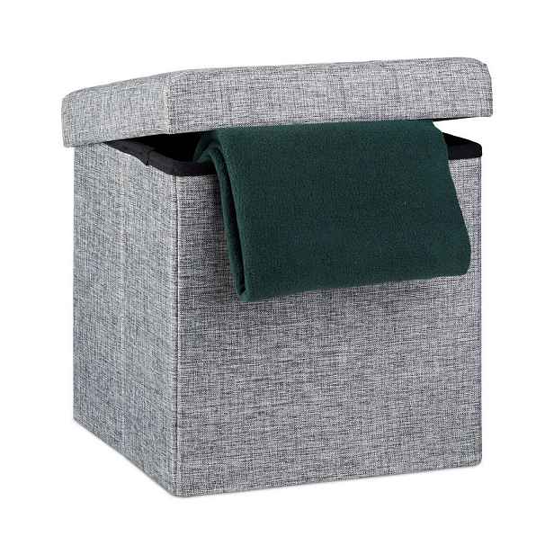 Relaxdays TABURET Šedý lněný skládací s úložným prostorem 38x38x38 cm