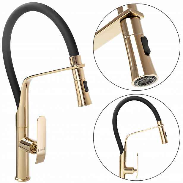 Vysoká kuchyňská baterie Castor Black Gold Zlatá Rea