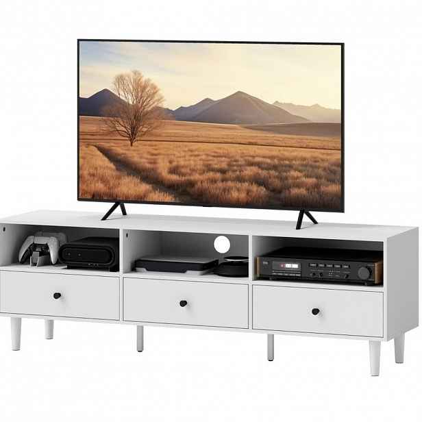 OKWISH TV stolek 140/34/45 cm bílý z dřevotřísky s kabelovým vedením a 3 zásuvkami